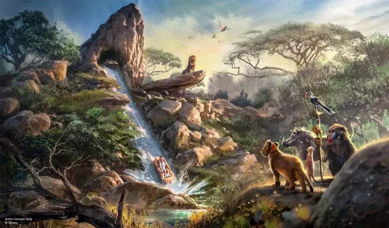 Desenho com uma pedra e uma cachoeira ao fundo com elos e animais em volta