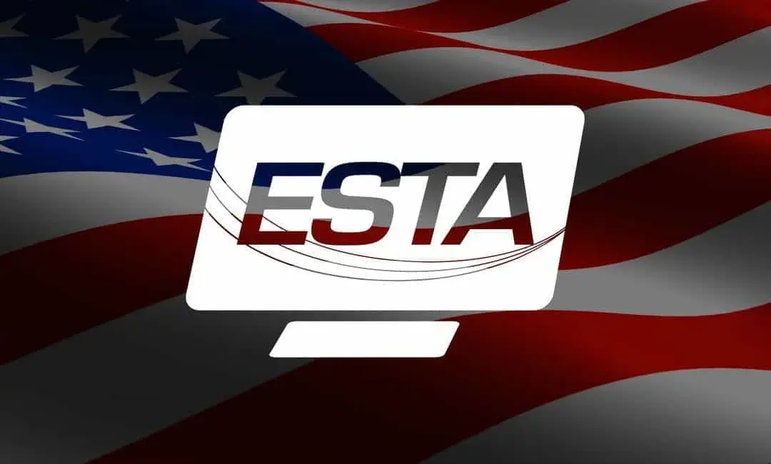 Logotipo do ESTA com fundo da bandeira americana, destacando a autorização de viagem para visitantes temporários.